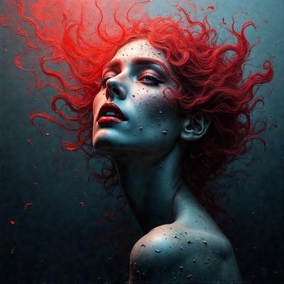 The primary subject of the image is a woman with red hair, who is wearing makeup and has a blue background. She is posing for the camera with a confident and elegant expression. The visual style of the image is a digital art or illustration, which adds a unique and artistic touch to the portrait. The colors in the image are predominantly blue and red, creating a striking contrast and a vibrant atmosphere.